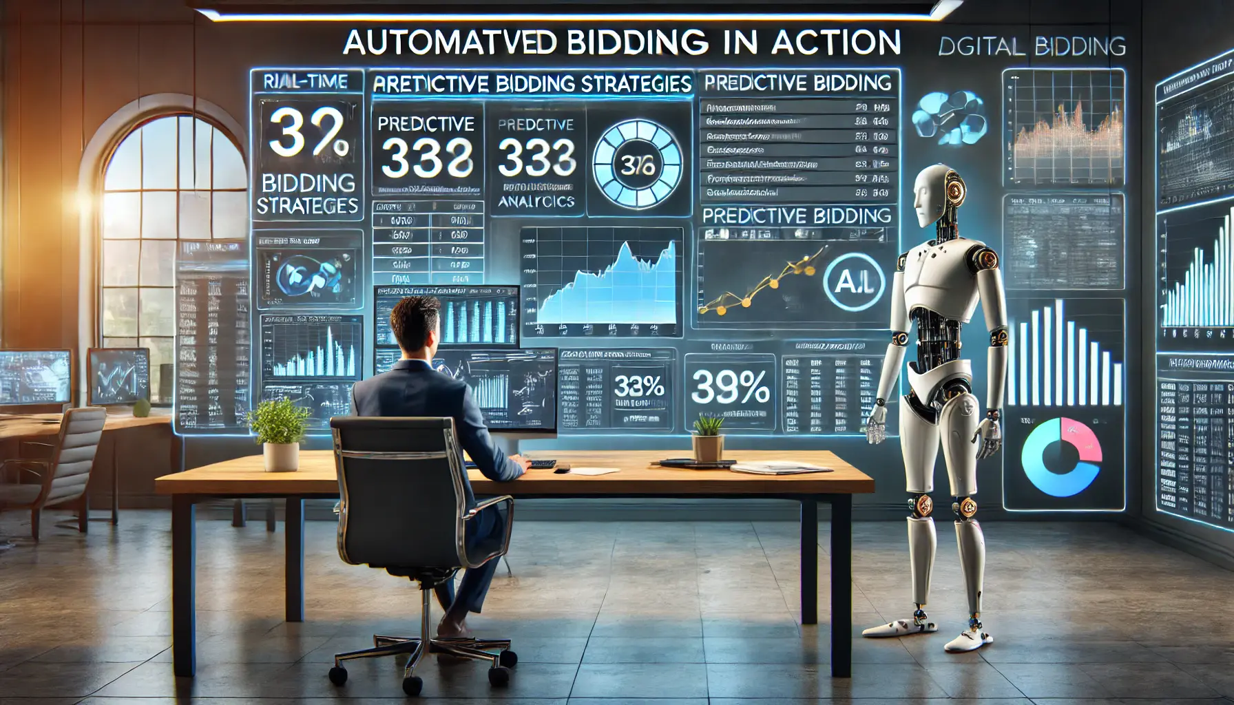 A sleek marketing workspace displaying automated bidding analytics and campaign metrics on a large screen.