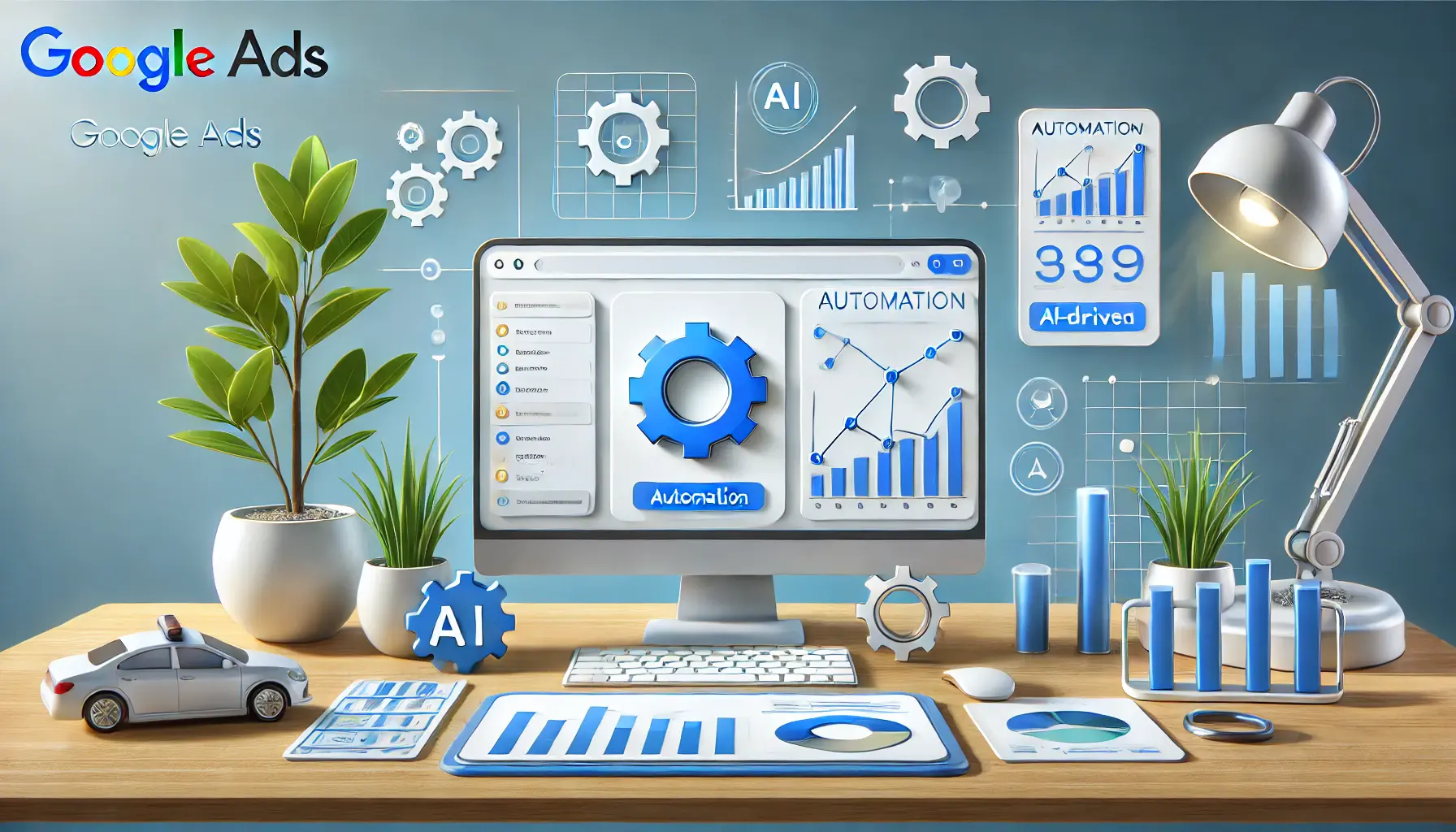 A digital workspace showcasing the implementation of automation in Google Ads campaigns with icons of gears, charts, and AI tools around a computer screen.