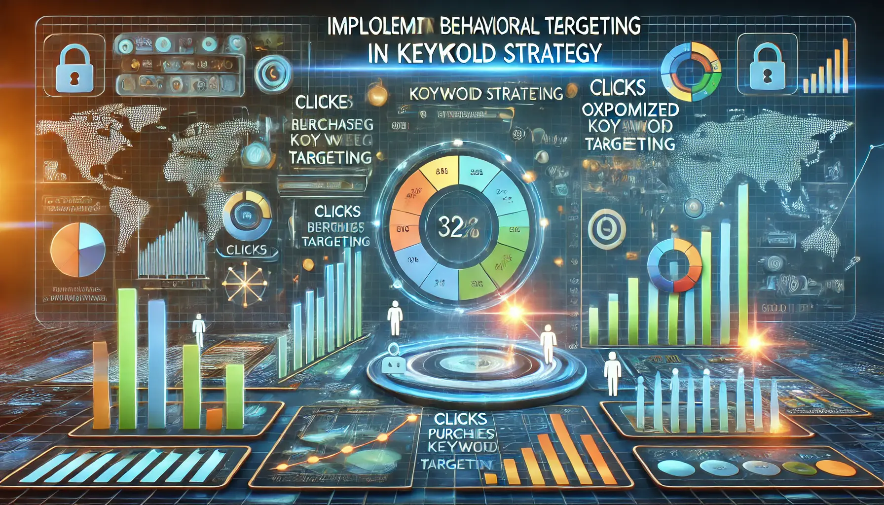 A digital marketing image showing a dashboard with user behavior data, including clicks, purchases, and keyword optimization.