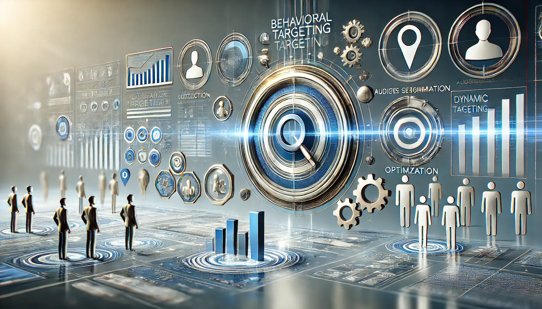 Abstract illustration of implementing behavioral targeting in campaigns with data analysis, audience segmentation, and dynamic targeting elements.