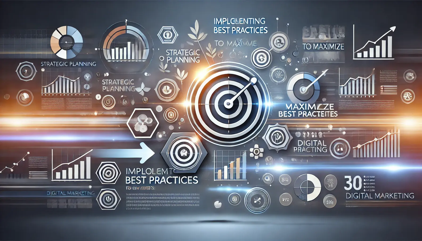 Abstract image symbolizing implementing best practices to maximize benefits, featuring strategic planning icons and growth charts.