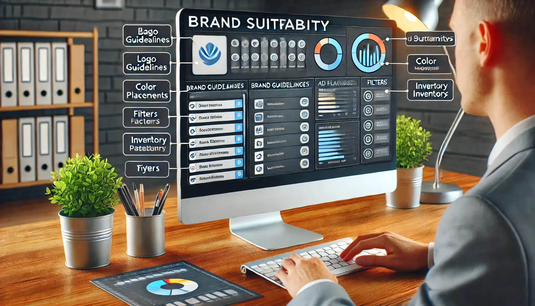 A digital marketing workspace showing tools for defining brand guidelines, ad placement filters, and inventory settings.