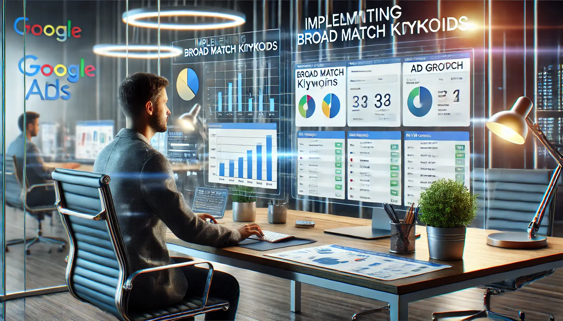 A digital workspace showing a marketer managing a Google Ads campaign with charts, graphs, and keywords on the screen.