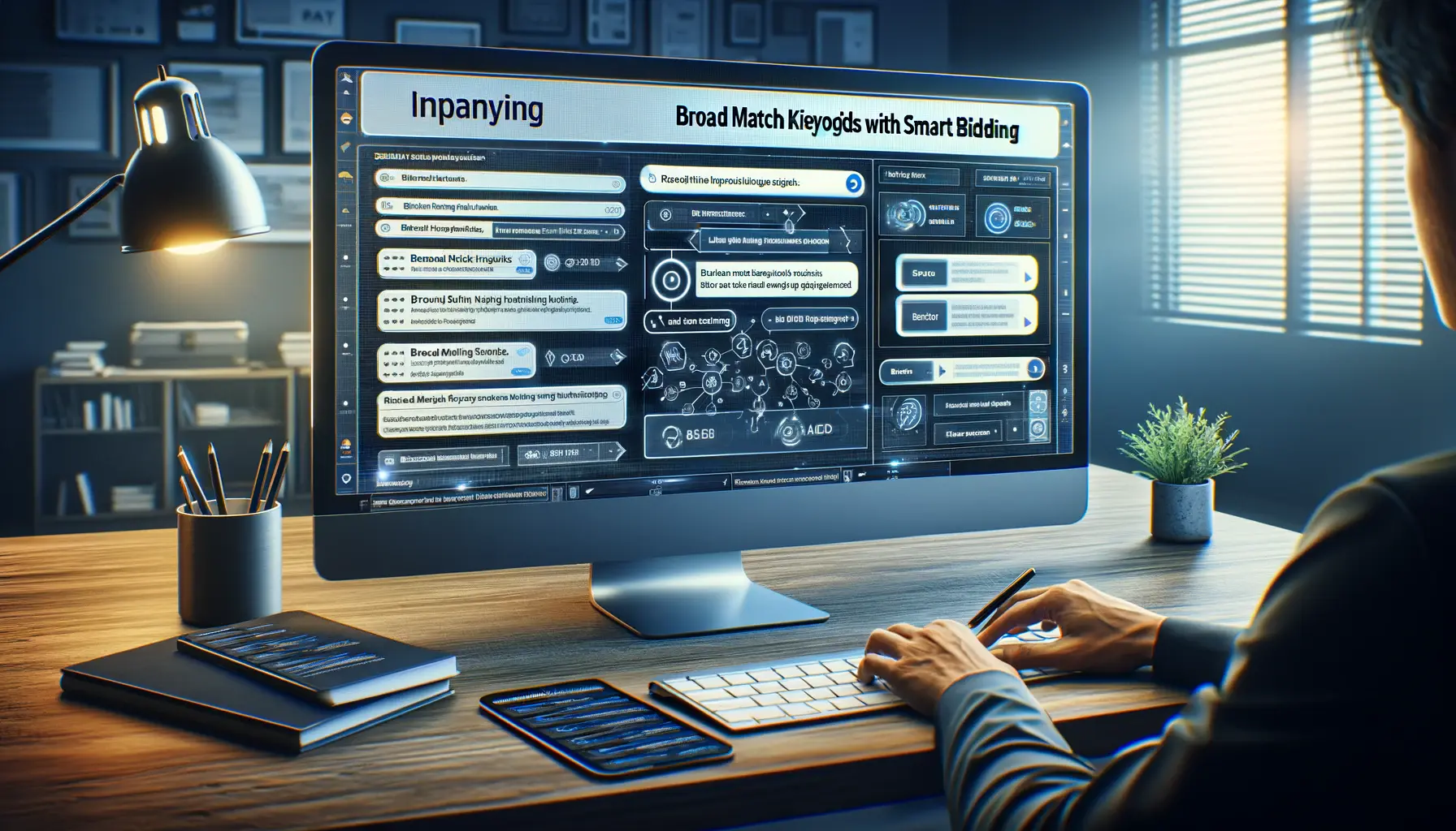 A digital marketing workspace displaying broad match keyword targeting and smart bidding adjustments.