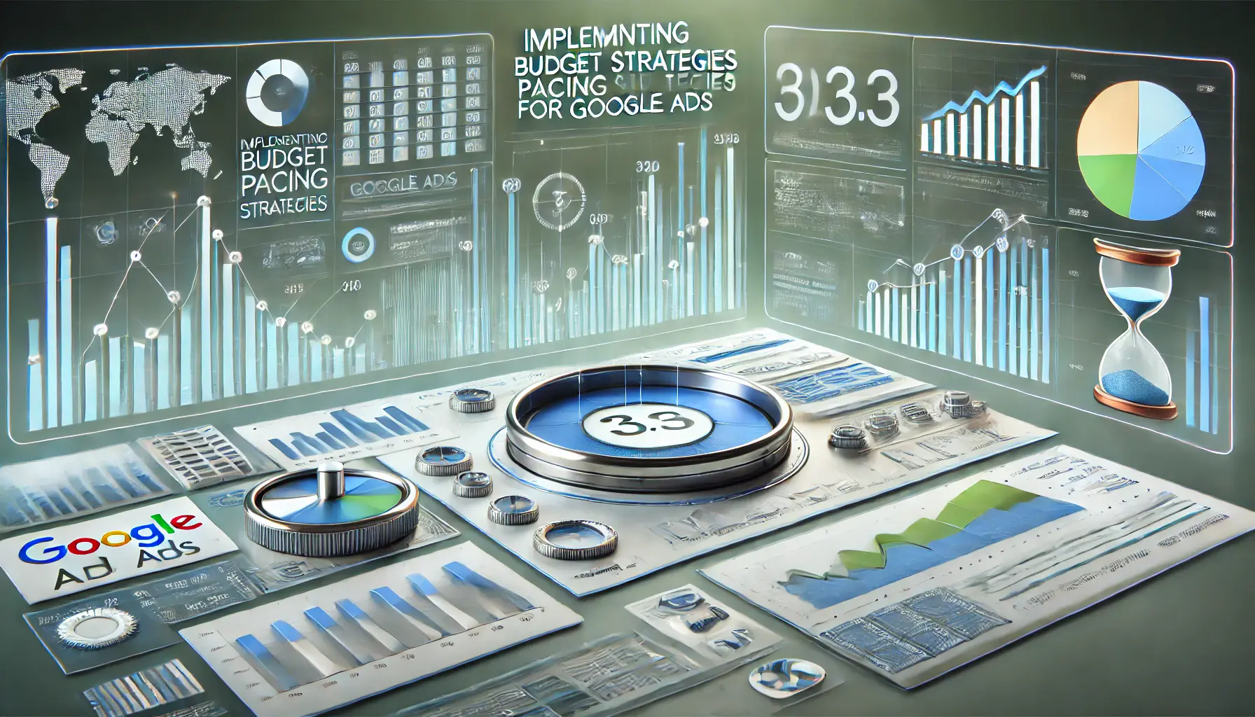 Digital dashboard with graphs and progress bars illustrating budget pacing strategies for Google Ads.