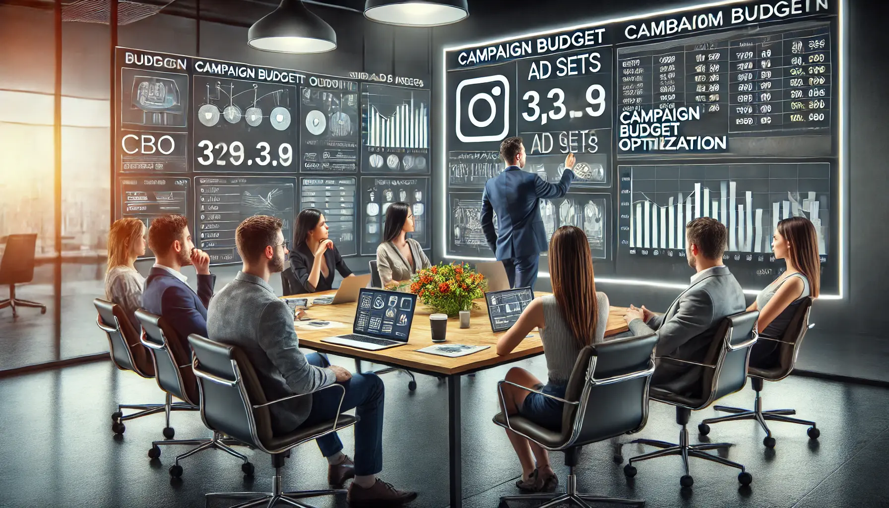 A digital marketing team analyzing Campaign Budget Optimization (CBO) on multiple screens, reviewing budget distribution and ad performance metrics.