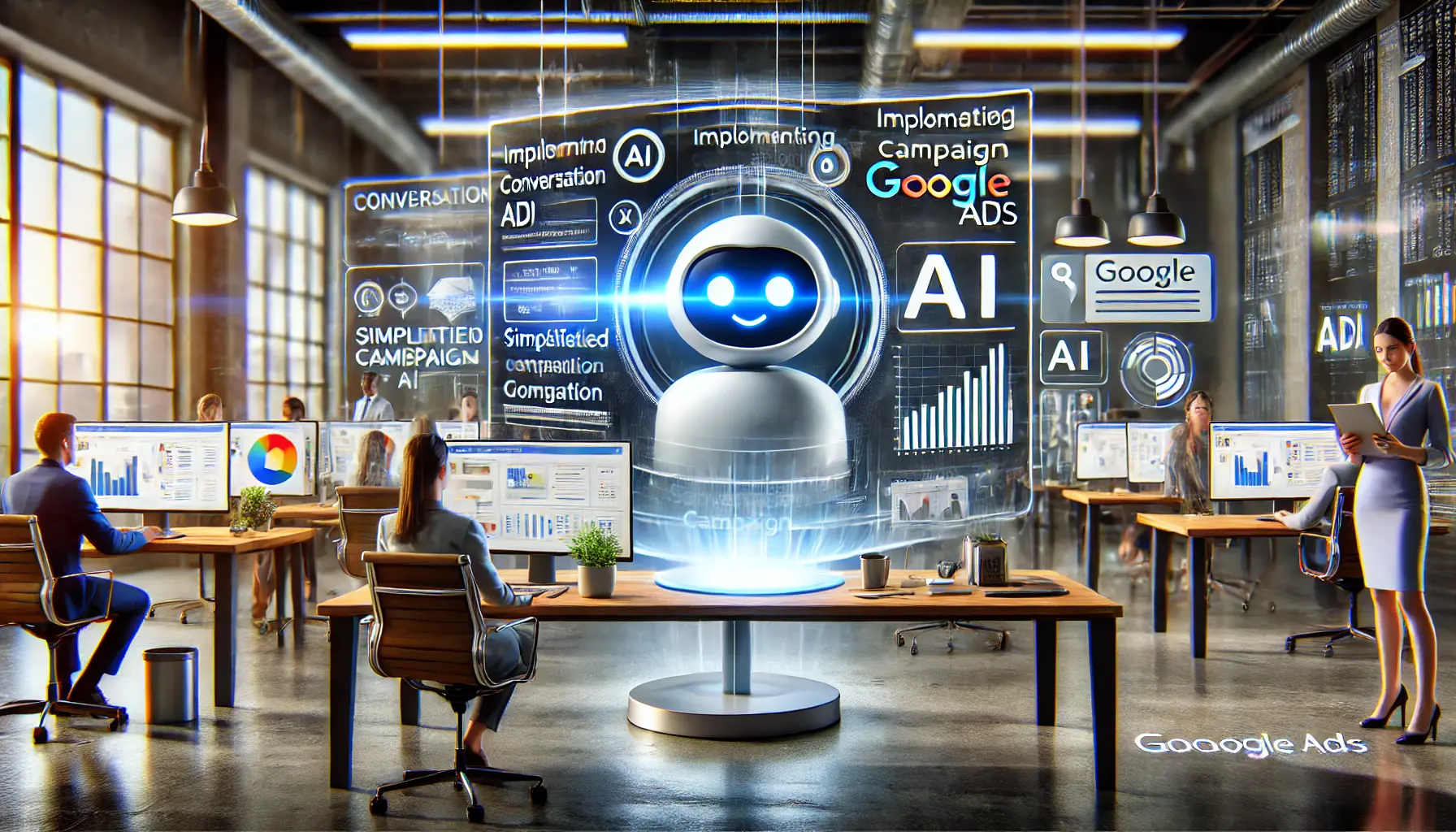 A workspace with marketers interacting with an AI interface for Google Ads campaigns, emphasizing conversational AI integration.