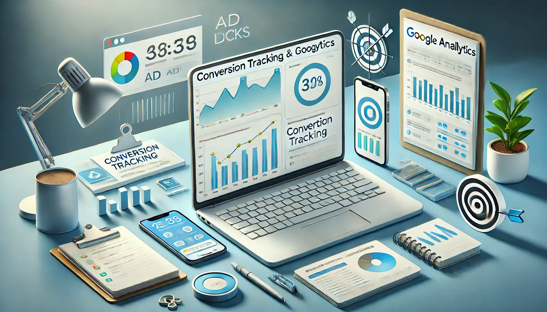 A workspace with a laptop displaying a Google Analytics dashboard, a smartphone showing ad clicks, and icons like graphs and a target symbolizing conversion tracking.