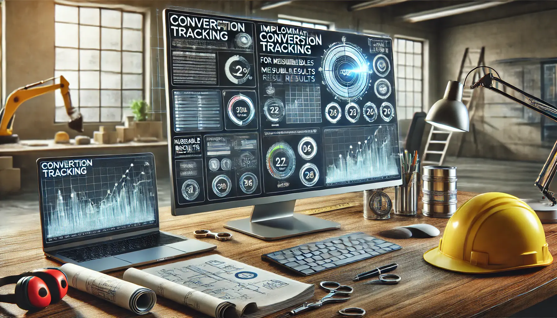 Digital marketer analyzing a conversion tracking dashboard with graphs and metrics, construction blueprints, and a helmet on the desk.