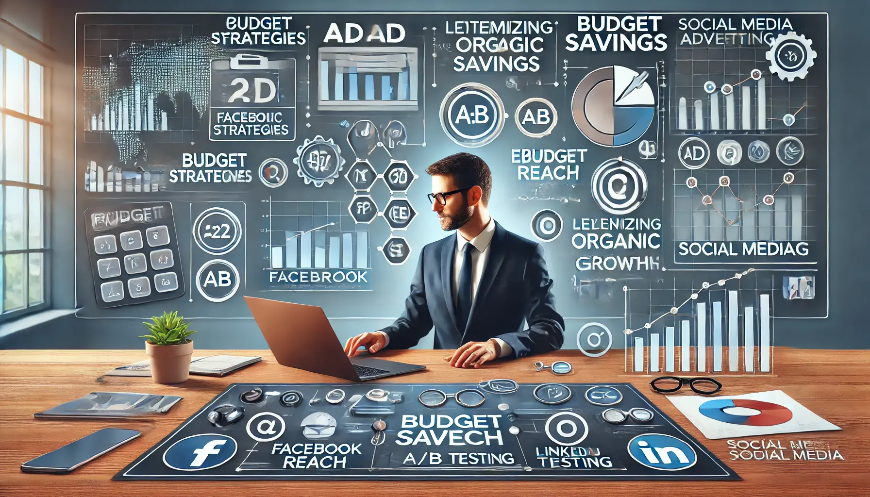 A digital illustration of a business workspace with a digital dashboard displaying ad performance metrics, budget savings, and engagement growth. A marketing professional is optimizing ad strategies on a laptop, with floating graphical elements representing cost-saving measures, organic reach, and A/B testing.