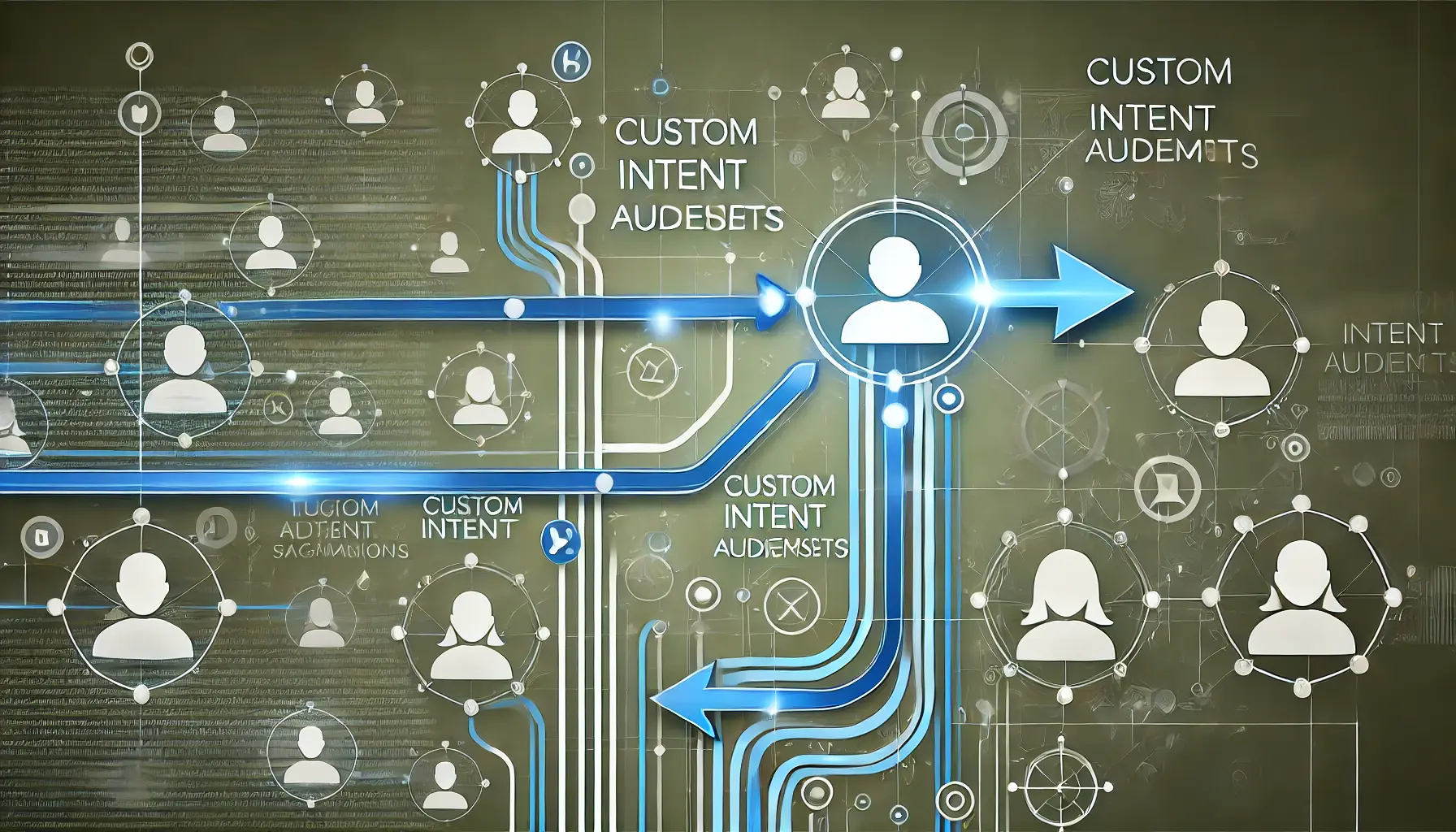 Abstract image representing the implementation of custom intent audiences with user profile icons, data points, and arrows indicating audience segmentation and user intent.