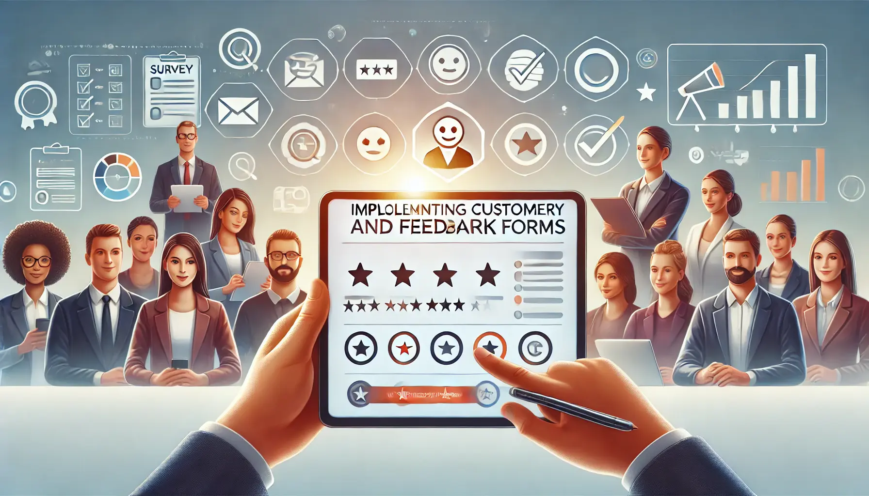 An illustration showcasing the implementation of customer surveys and feedback forms, featuring a digital interface and diverse customer interactions.