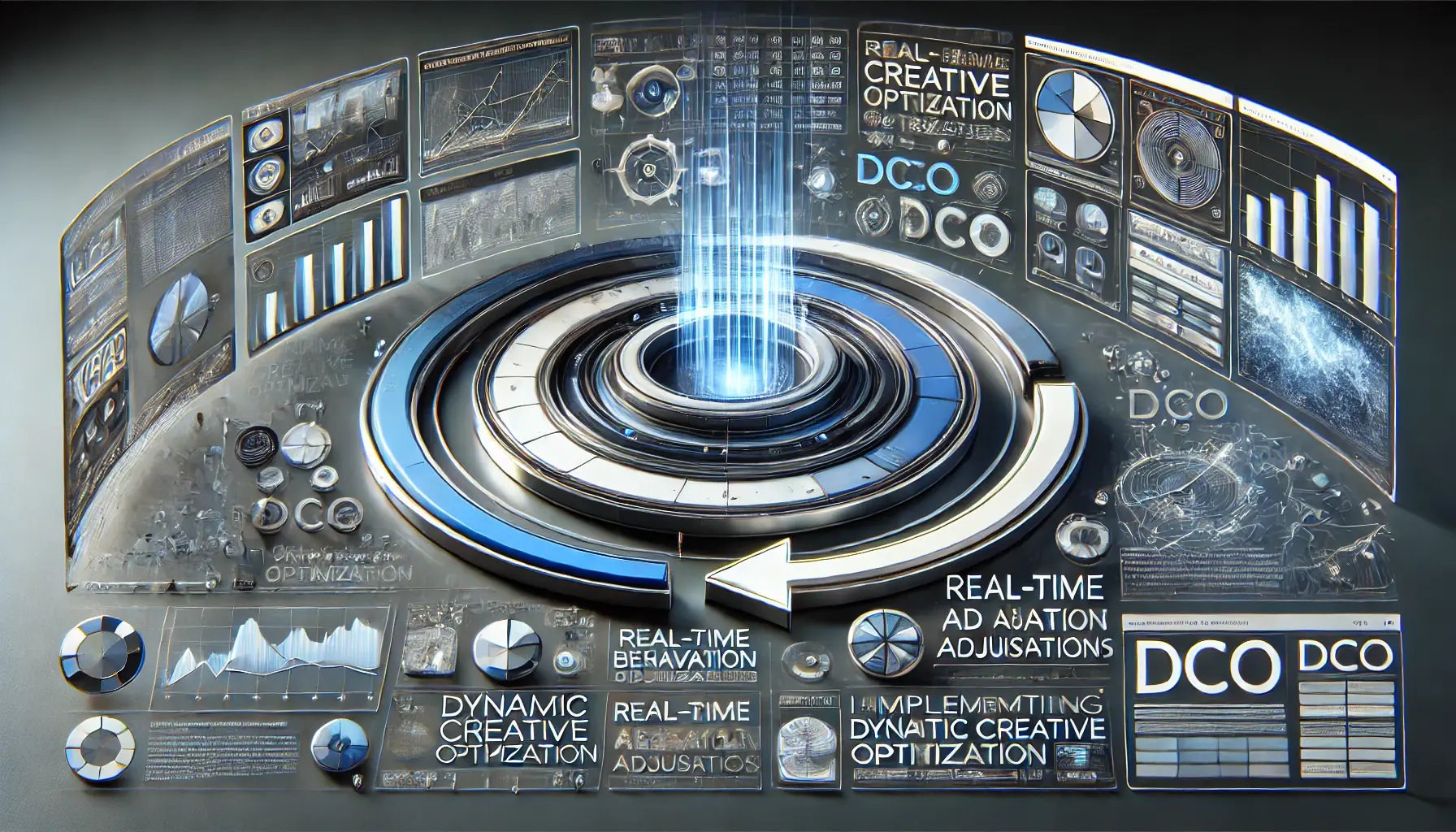 Abstract illustration of implementing Dynamic Creative Optimization (DCO) in digital advertising with real-time adjustments and personalized content.