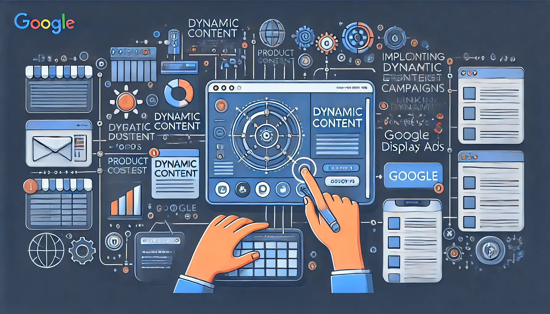 Illustration of the process of integrating dynamic content into digital advertising campaigns with product data feeds and visuals.