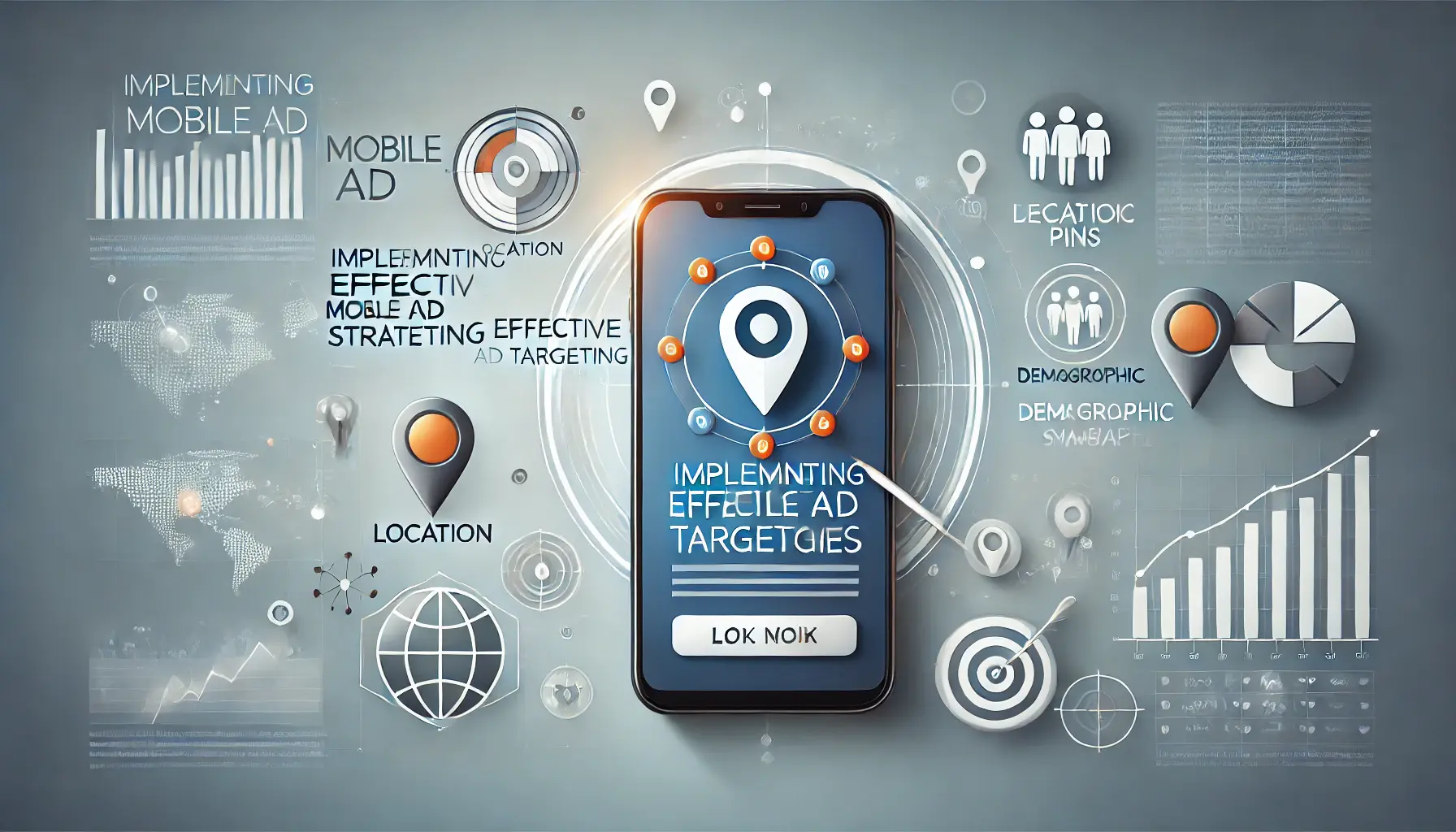 A smartphone displaying a targeted ad surrounded by icons representing location, demographics, and behavioral data.