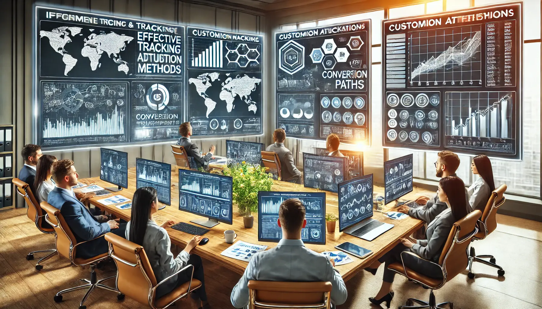 A team of marketers in a professional office setting reviewing tracking data on multiple screens, with visual representations of customer journey maps and conversion paths.