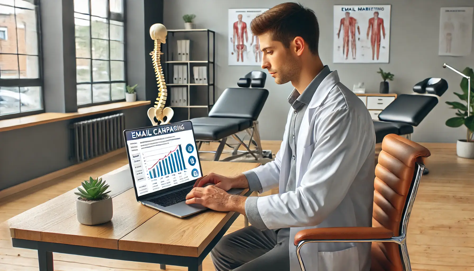 A chiropractor managing an email marketing campaign on a laptop in a modern clinic.