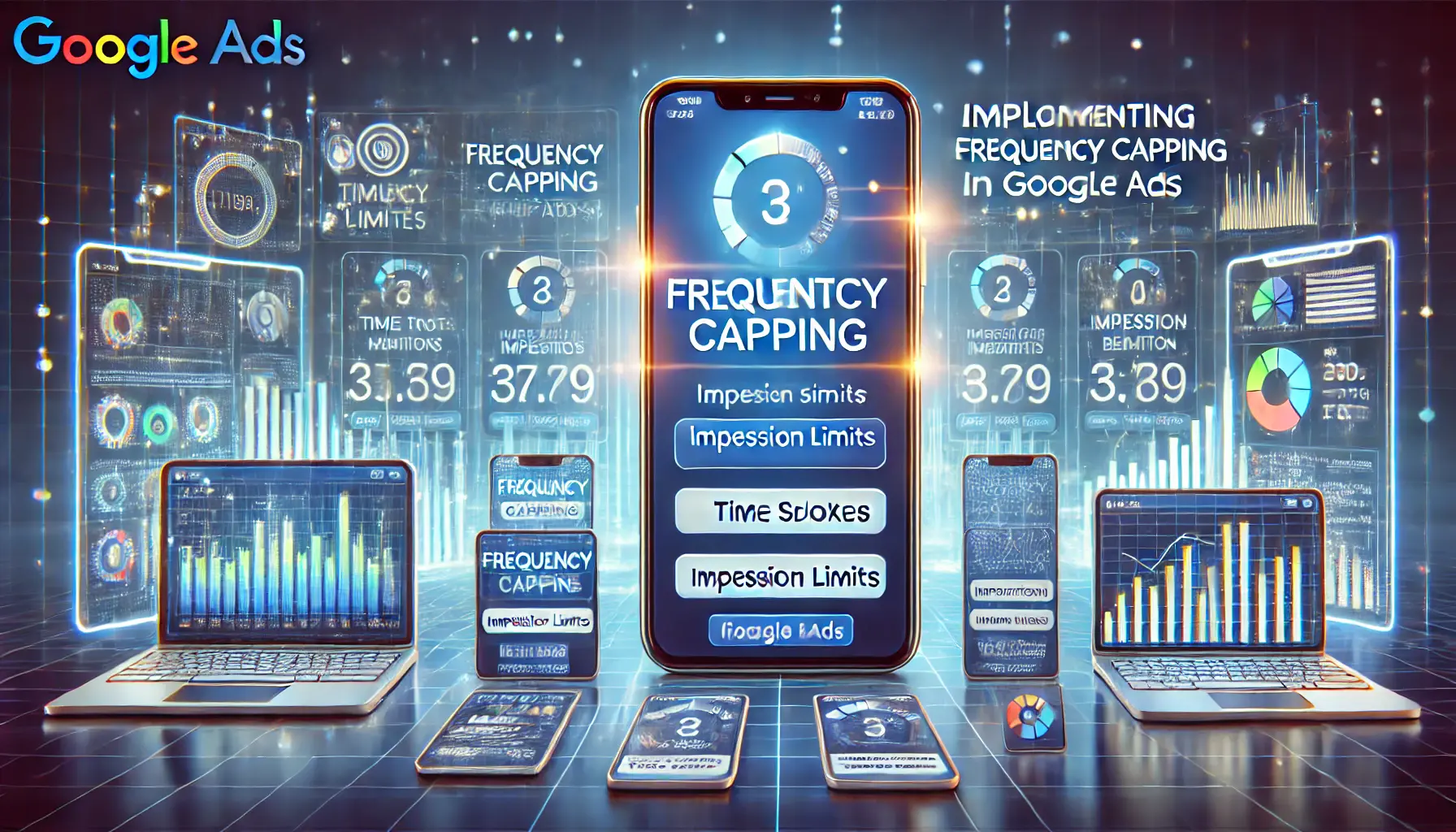 Illustration of implementing frequency capping in Google Ads with campaign settings and impression limits across devices.