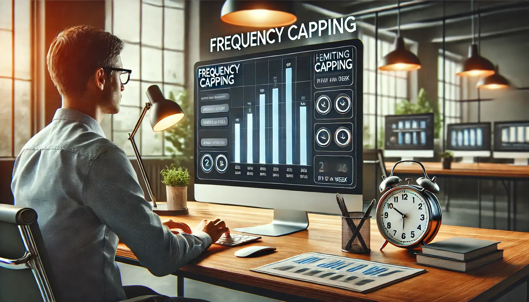 A marketer adjusting frequency capping settings on a campaign dashboard, with visual elements like clocks and sliders symbolizing the process of managing ad exposure.