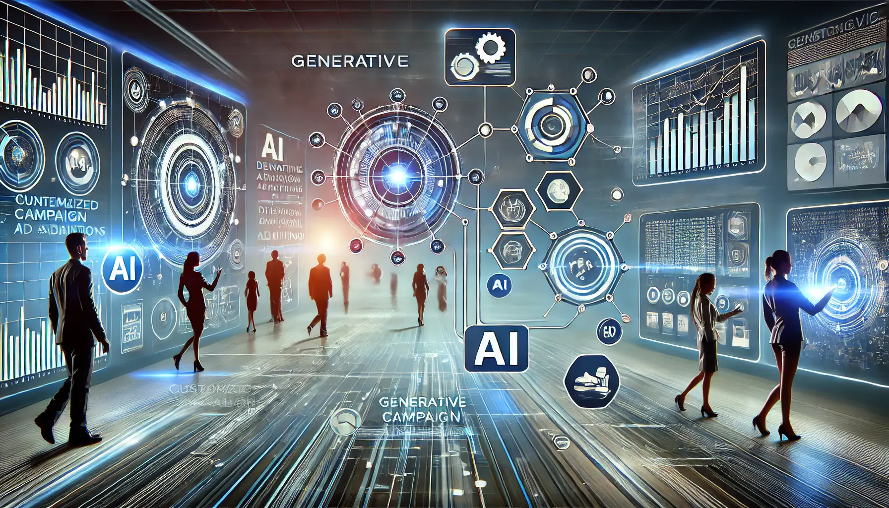 Illustration of Generative AI strategies in digital advertising, featuring AI-driven planning, data analysis, and personalized content creation.