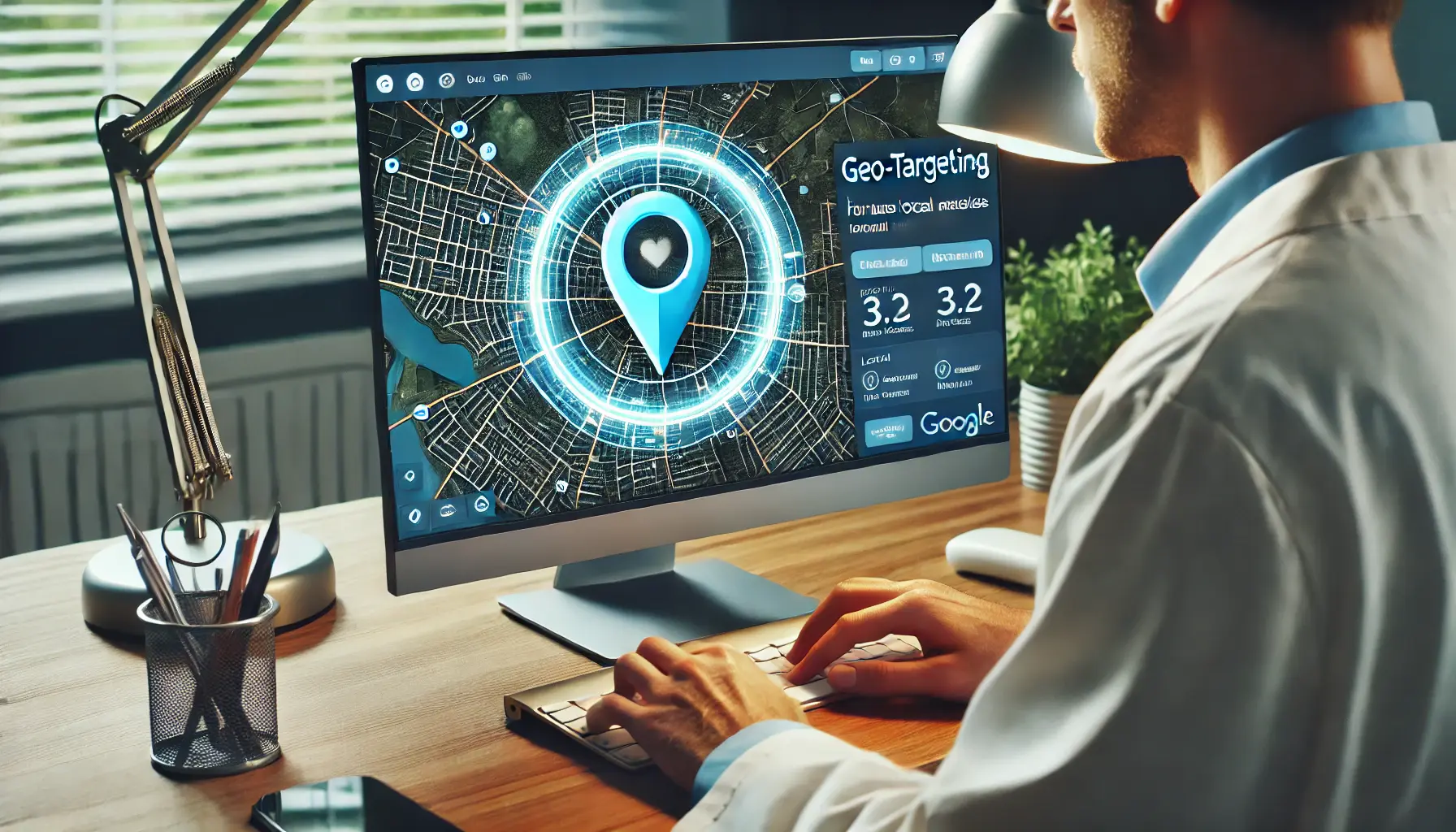 A dentist analyzing a map on a computer screen with highlighted local areas for geo-targeting in a modern office.