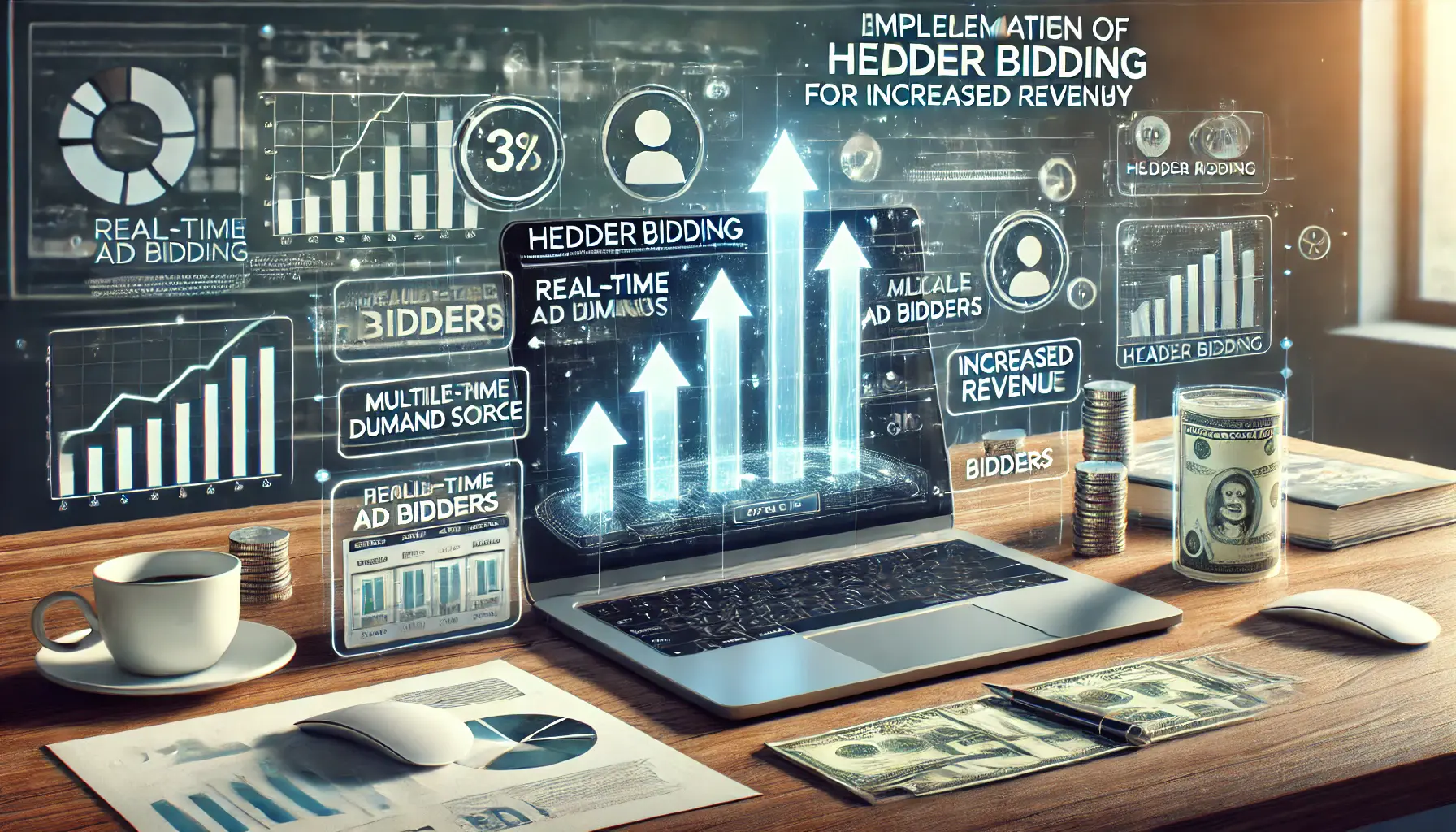 An image showing the implementation of header bidding with multiple ad demand sources bidding for available ad space, along with performance graphs and revenue increase symbols.