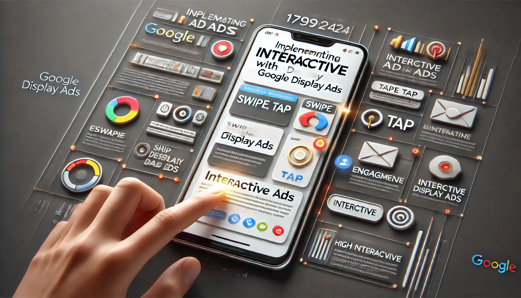 Illustration of implementing interactive ads on a smartphone with engagement options like swipe and tap within Google Display Ads.