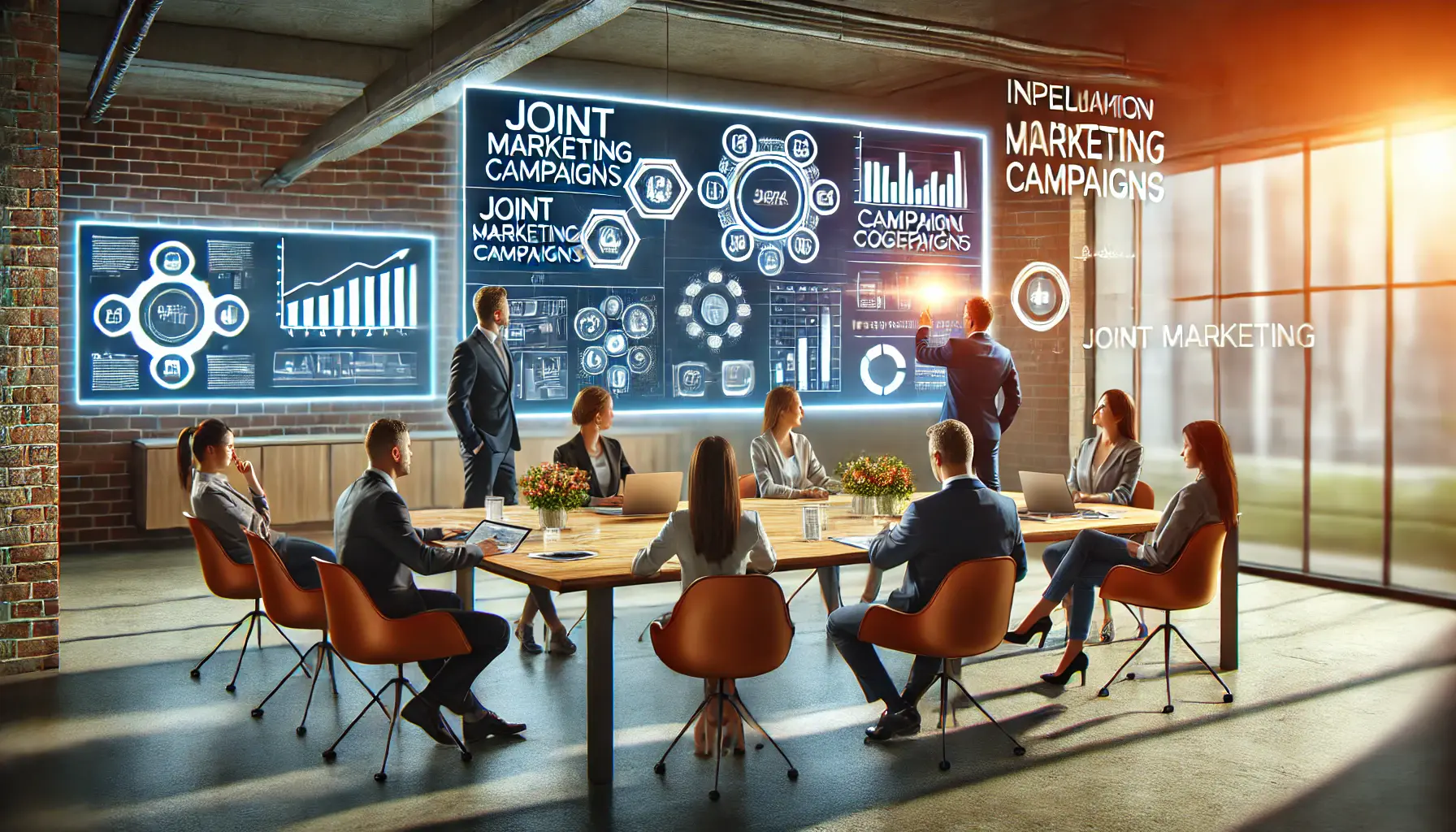 Teams from two brands collaborating around a table with a digital screen showing campaign plans and timelines in a modern workspace.