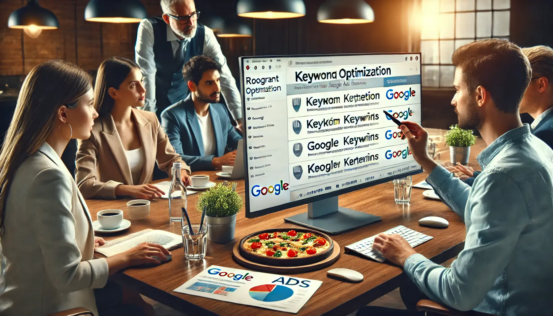 A restaurant marketing team analyzing keyword optimization strategies for their Google Ads campaign on a computer screen.