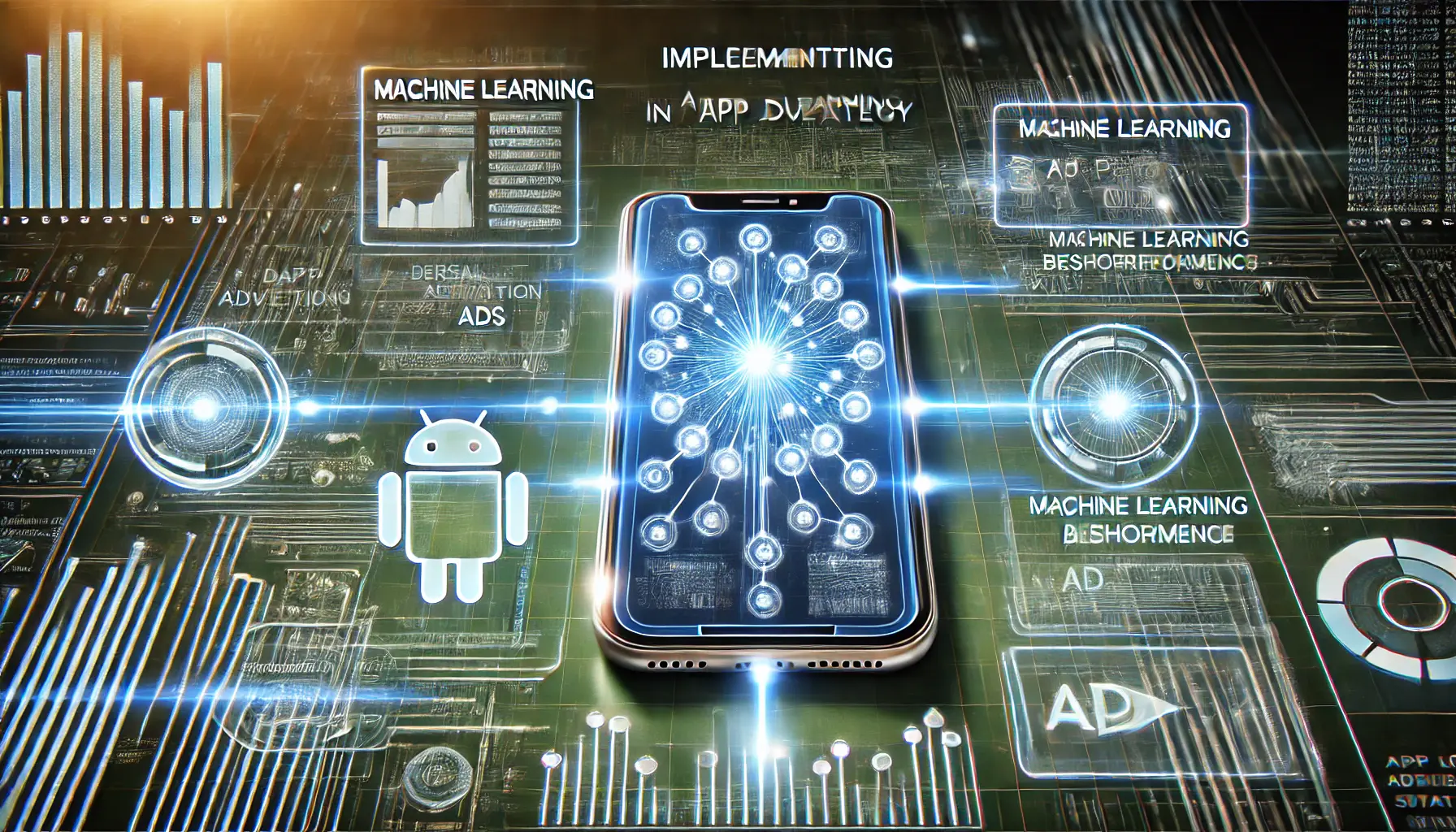 An image illustrating the implementation of machine learning in app advertising, with mobile devices, data analysis tools, and glowing lines representing machine learning integration.