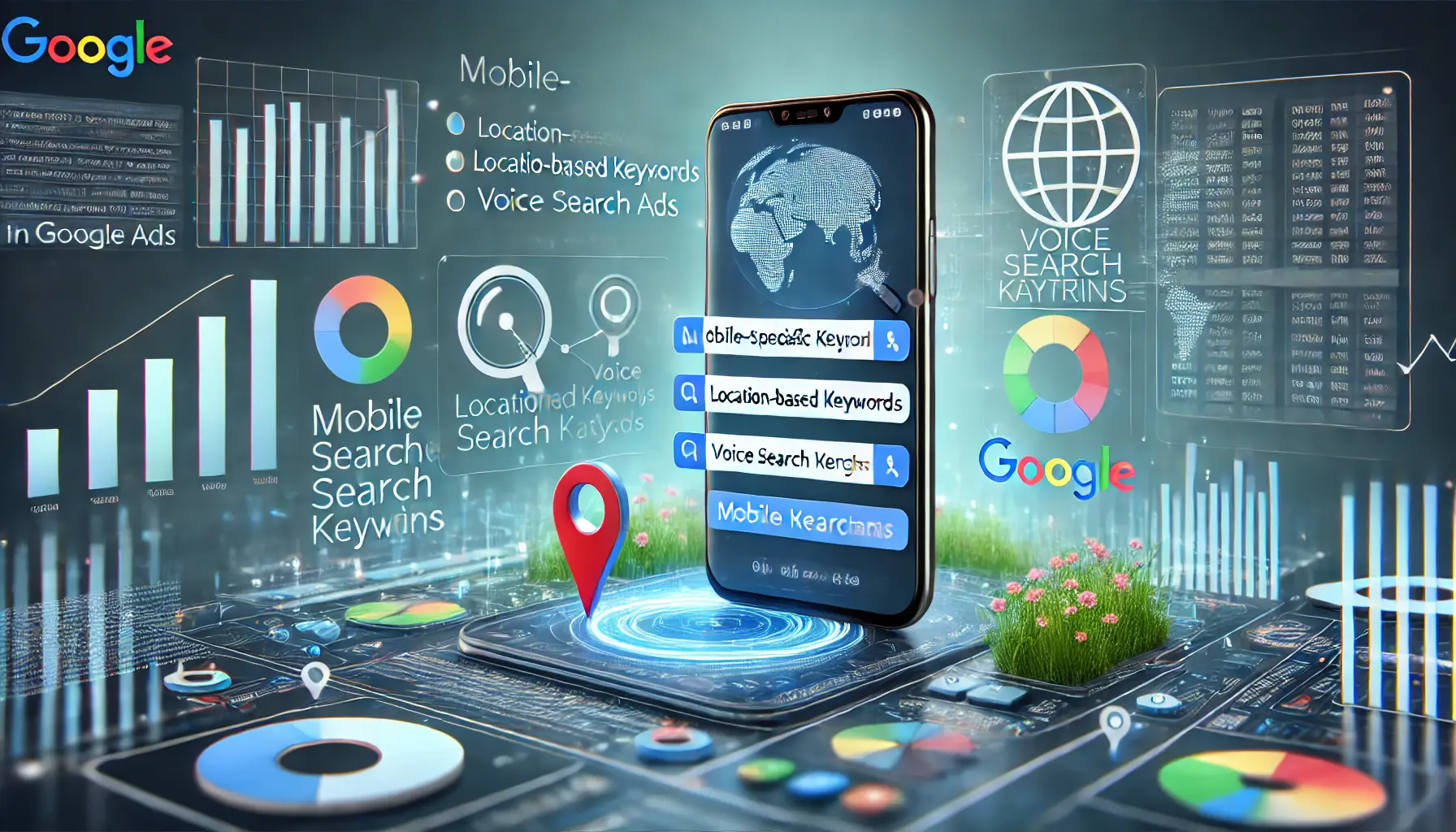 A smartphone displaying search results optimized with mobile-specific keywords like location and voice search.