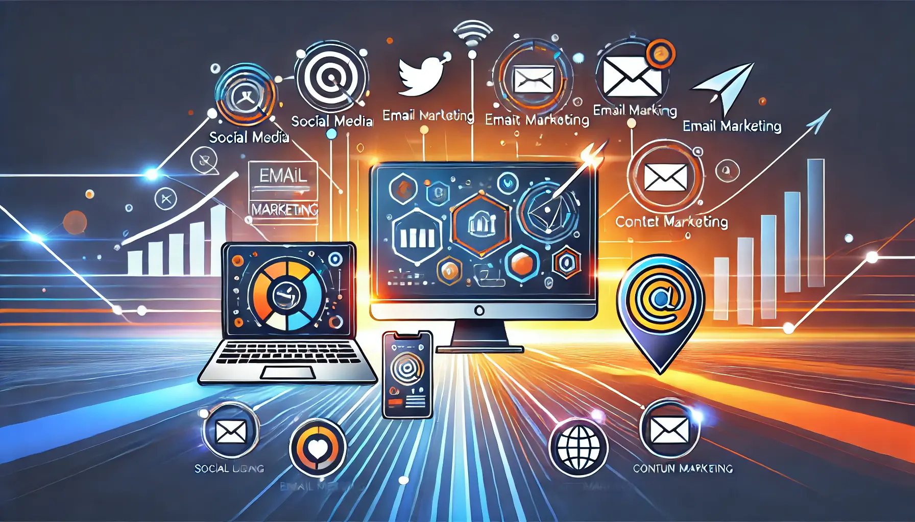 An image depicting multi-channel lead generation strategies, with mobile and computer screens showing social media, email marketing, and content marketing icons.