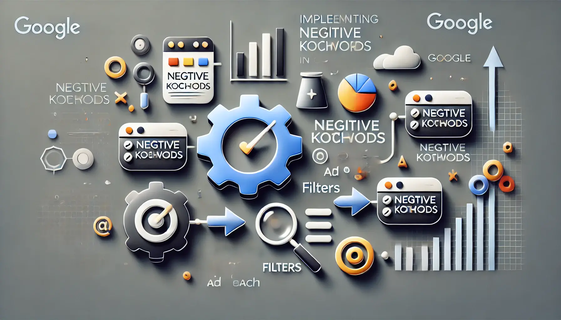 Abstract representation of implementing negative keywords in Google Ads, with icons like campaign settings, keyword lists, and filters.