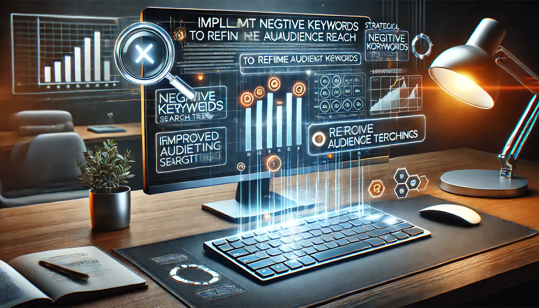 Illustration of a digital marketing workspace showing a keyword tool with negative keywords filtering and audience targeting analytics.