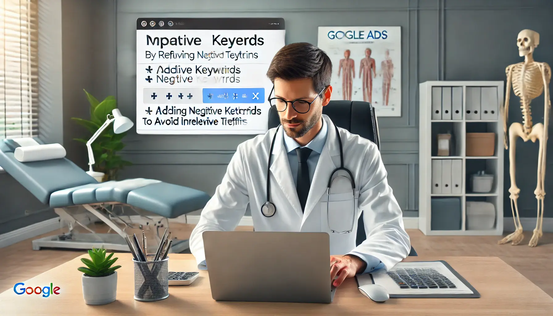 A chiropractor reviewing and implementing negative keywords for a Google Ads campaign on a laptop in a modern clinic.