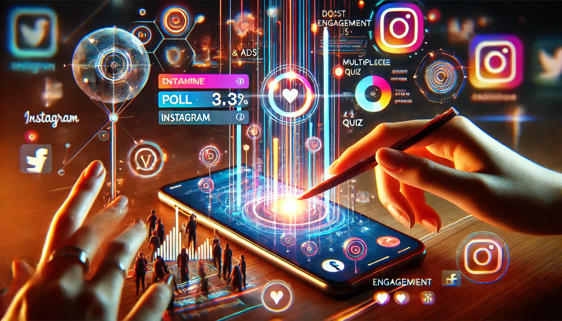 A digital marketing concept featuring a smartphone screen with interactive polls and quizzes in Instagram ads, showcasing user participation and engagement.