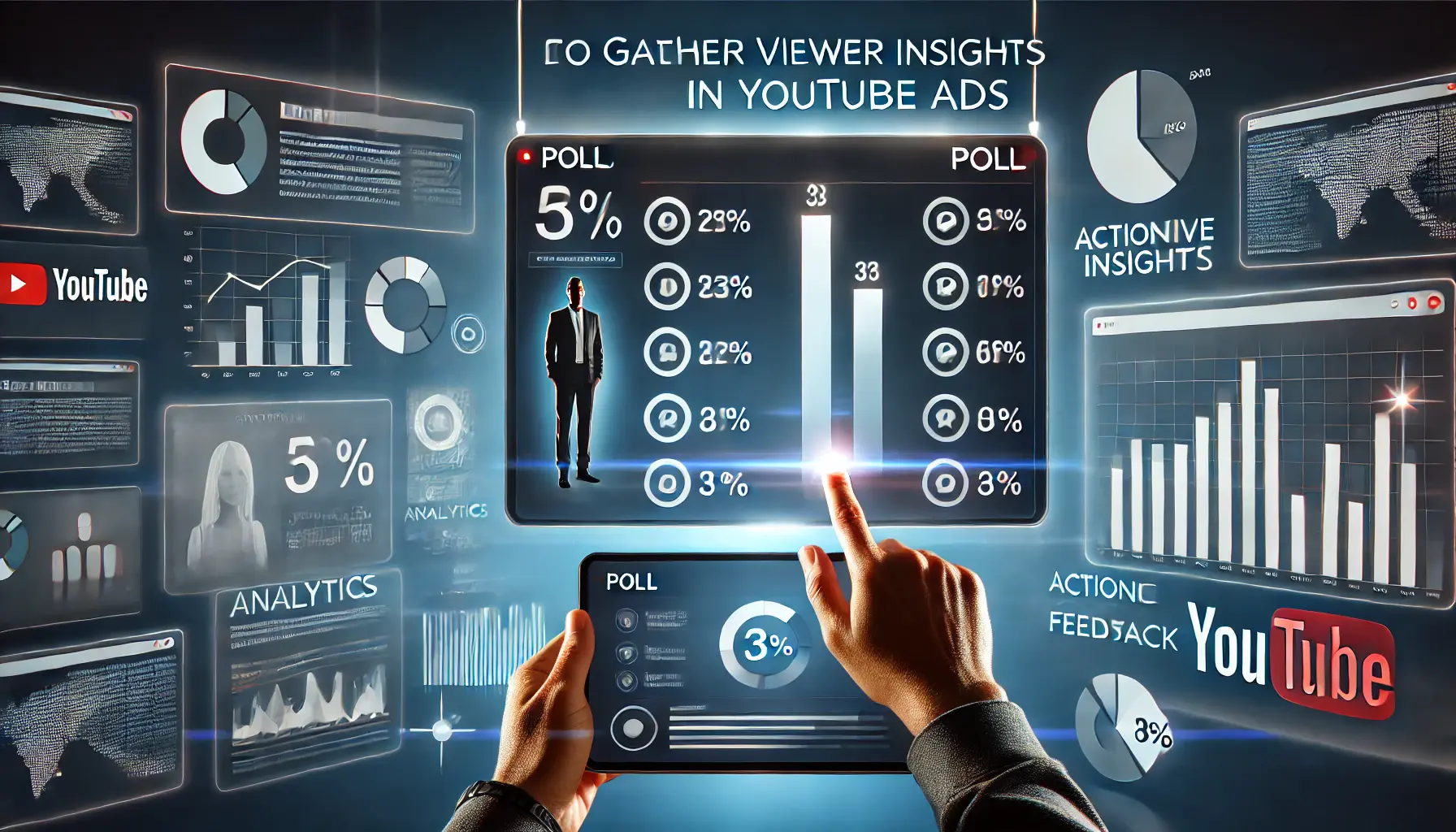 A digital video interface with an interactive poll overlay, surrounded by analytics charts and a user engaging with the poll on a tablet.