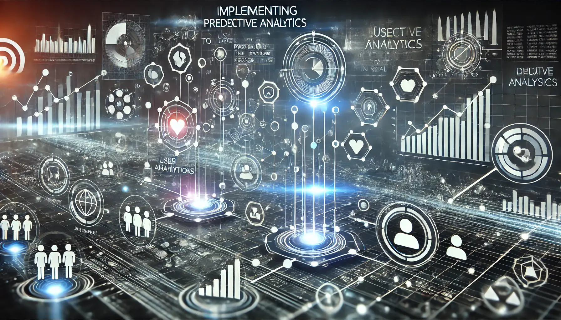 An image depicting predictive analytics with data flow, glowing algorithms, and mobile devices representing user behavior and forecasting trends.