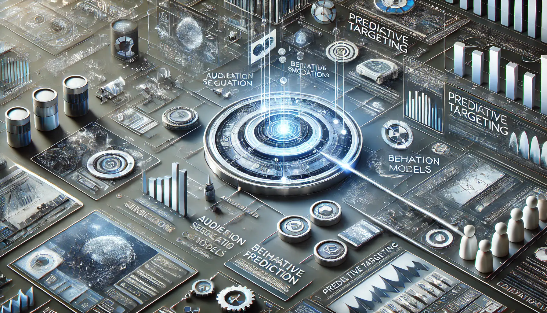 Abstract illustration of implementing predictive targeting with data analysis, audience segmentation, and ad placement in digital advertising campaigns.