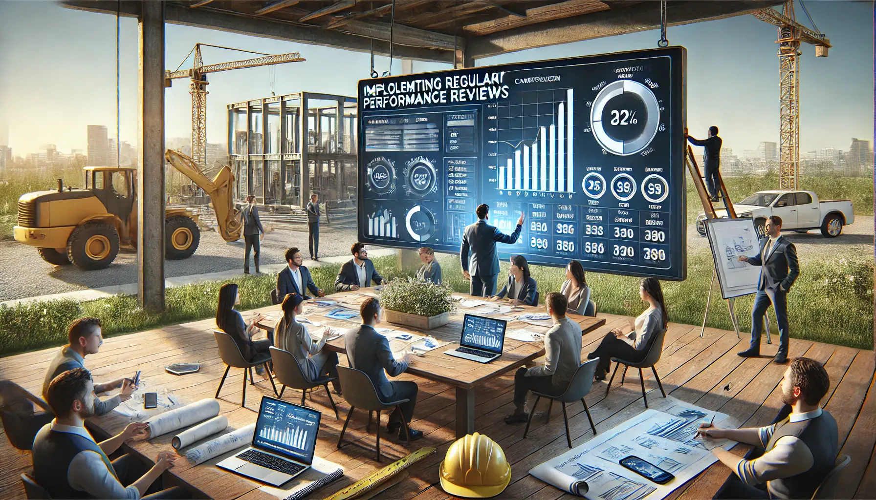 Digital marketer reviewing performance data on a large screen, with a construction team discussing the data at a meeting table with blueprints and a hard hat on the desk.