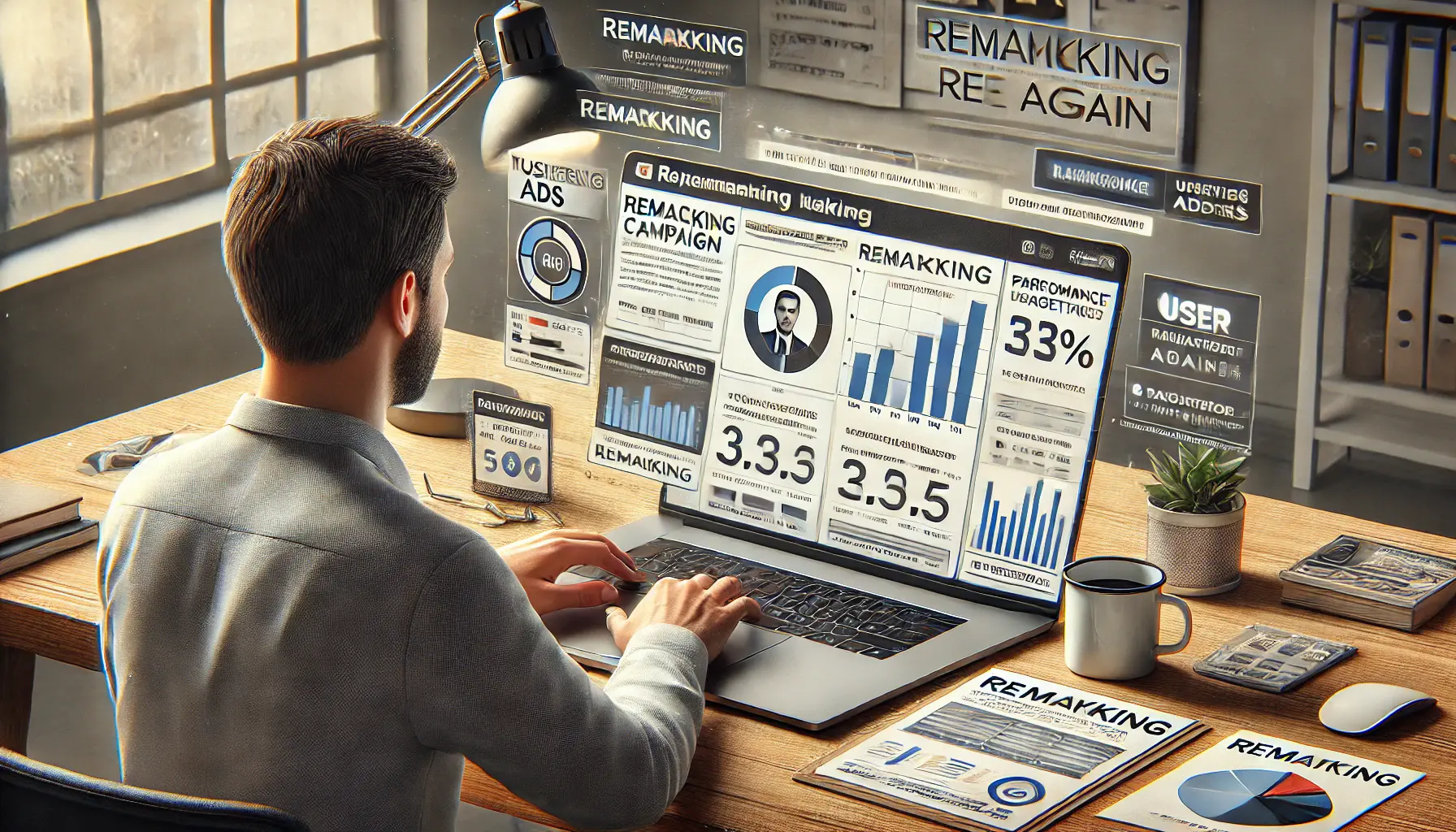 A small business owner analyzing remarketing campaign data on a laptop, with visual elements representing users being targeted again.