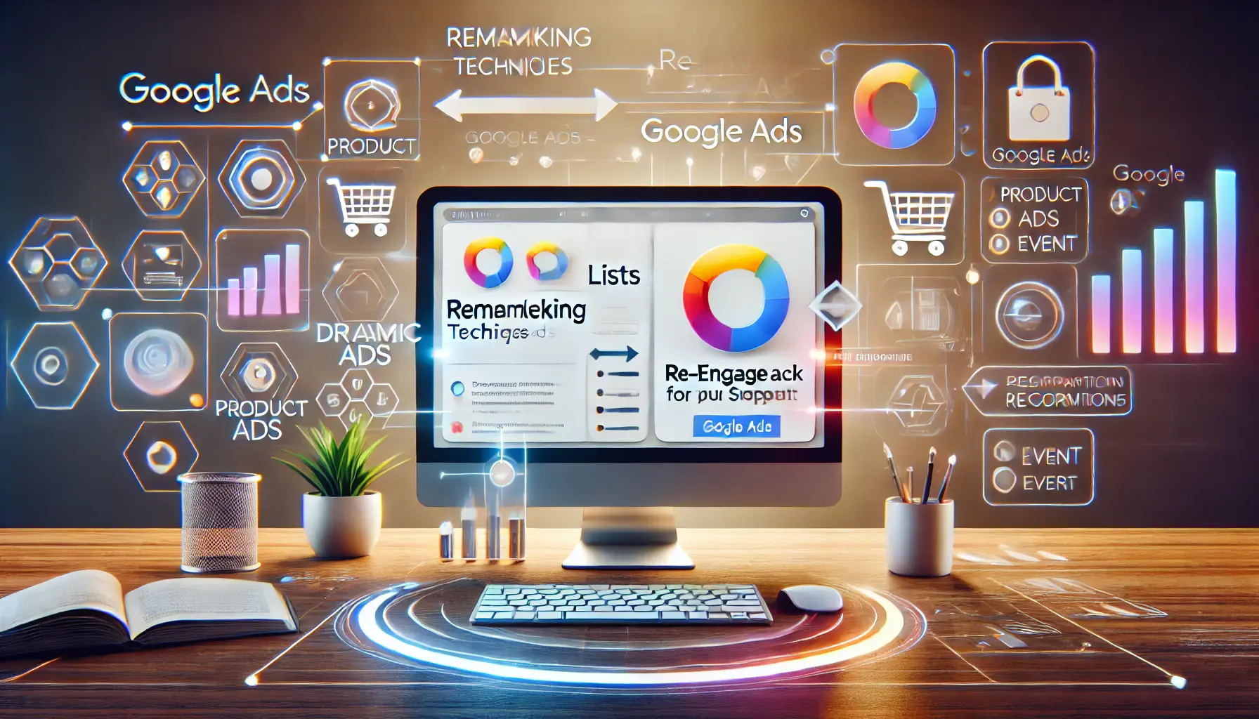 An illustration of remarketing techniques in Google Ads, featuring dynamic ads, user profiles, and symbolic re-engagement elements.