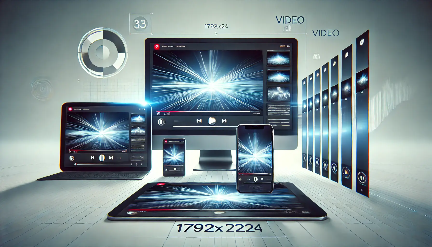 An illustration showcasing a video player interface dynamically adapting across a smartphone, tablet, and desktop screen.