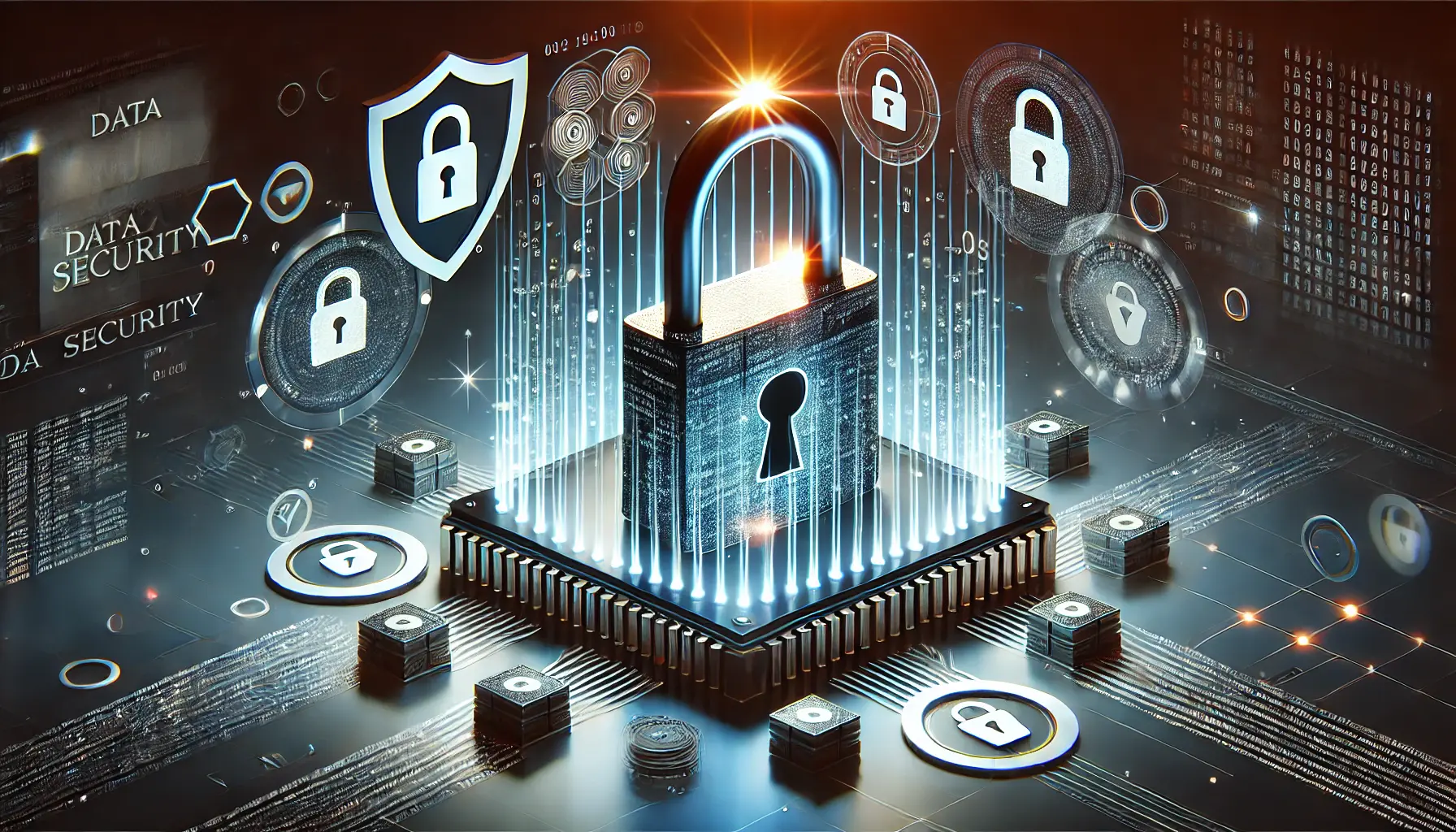 A glowing digital padlock encasing streams of data, surrounded by shields, encrypted codes, and compliance checkmarks, symbolizing robust data security measures.