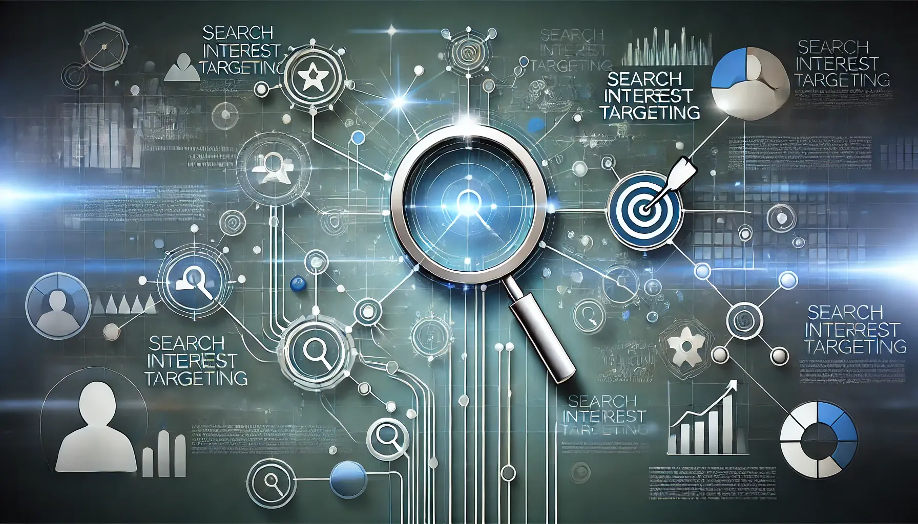 Abstract visualization of implementing search interest targeting strategies with interconnected lines, target icons, and graph indicators symbolizing precision and execution.