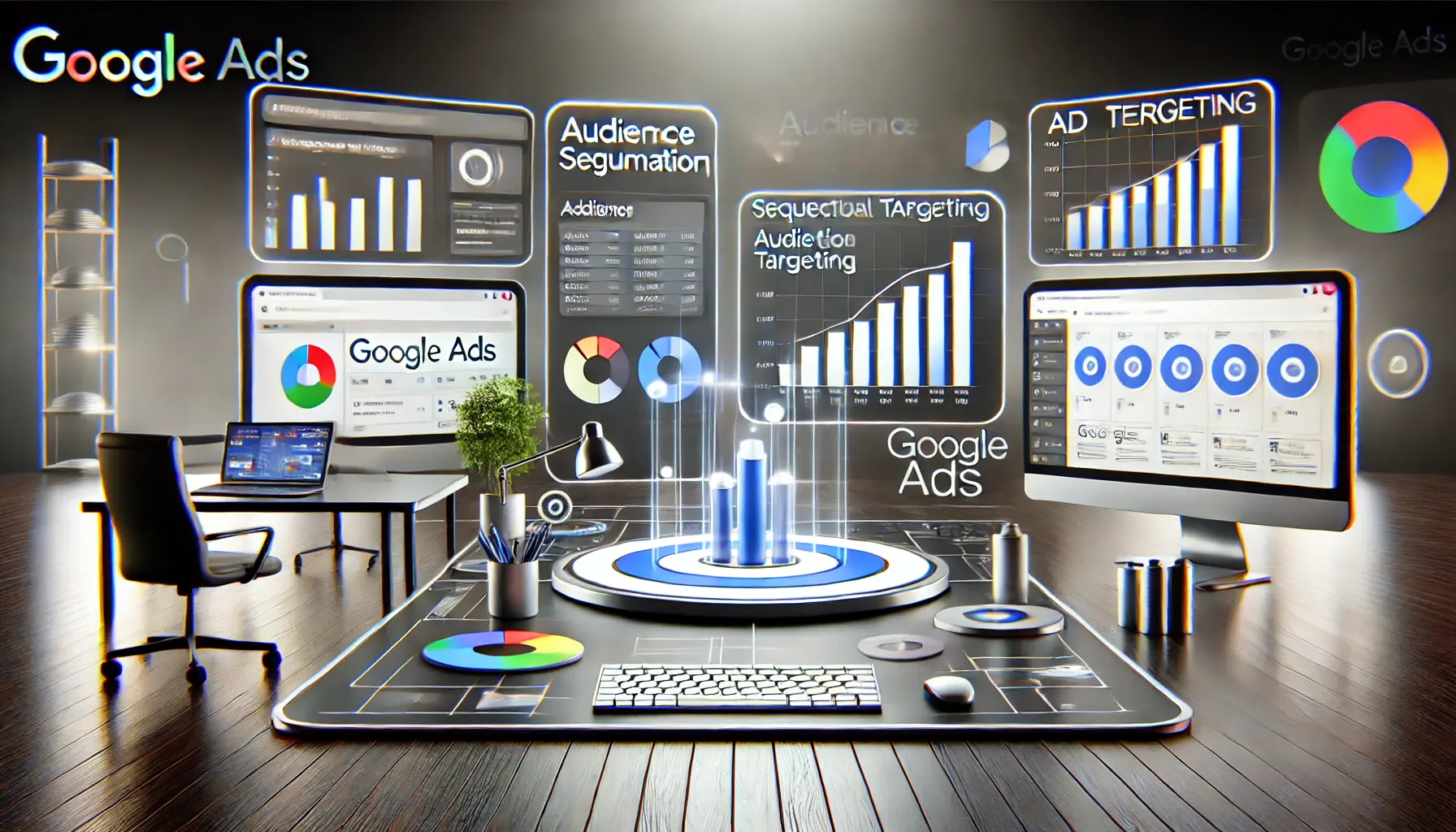 A digital workspace with multiple screens showing Google Ads campaign setup, audience segmentation, and ad sequences in progress.