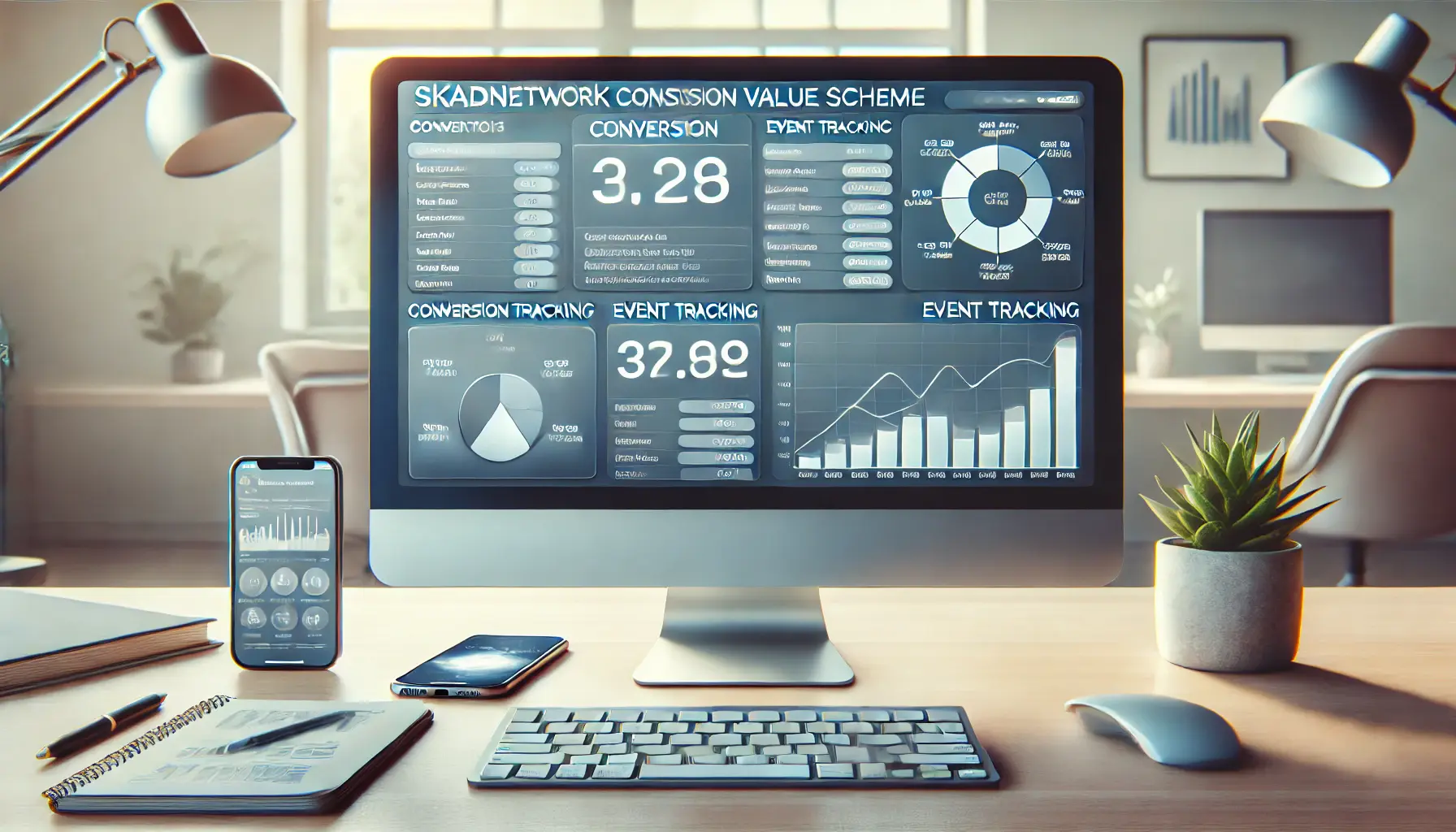 A workspace with a computer screen showing an analytics dashboard for SKAdNetwork conversion value schema configuration.