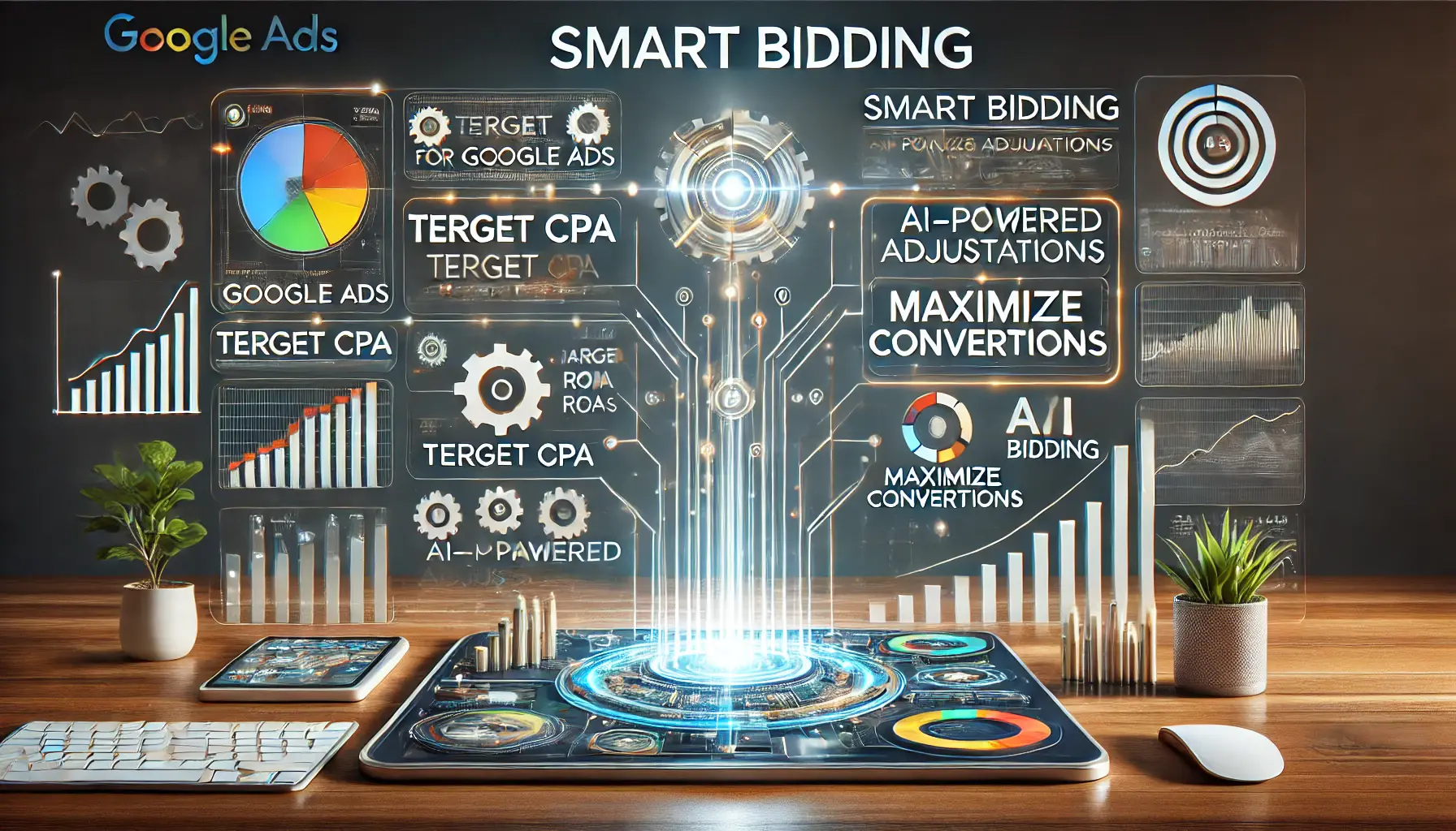 Abstract image showing a digital interface with bidding strategies like Target CPA, Target ROAS, and Maximize Conversions with data metrics and graphs.