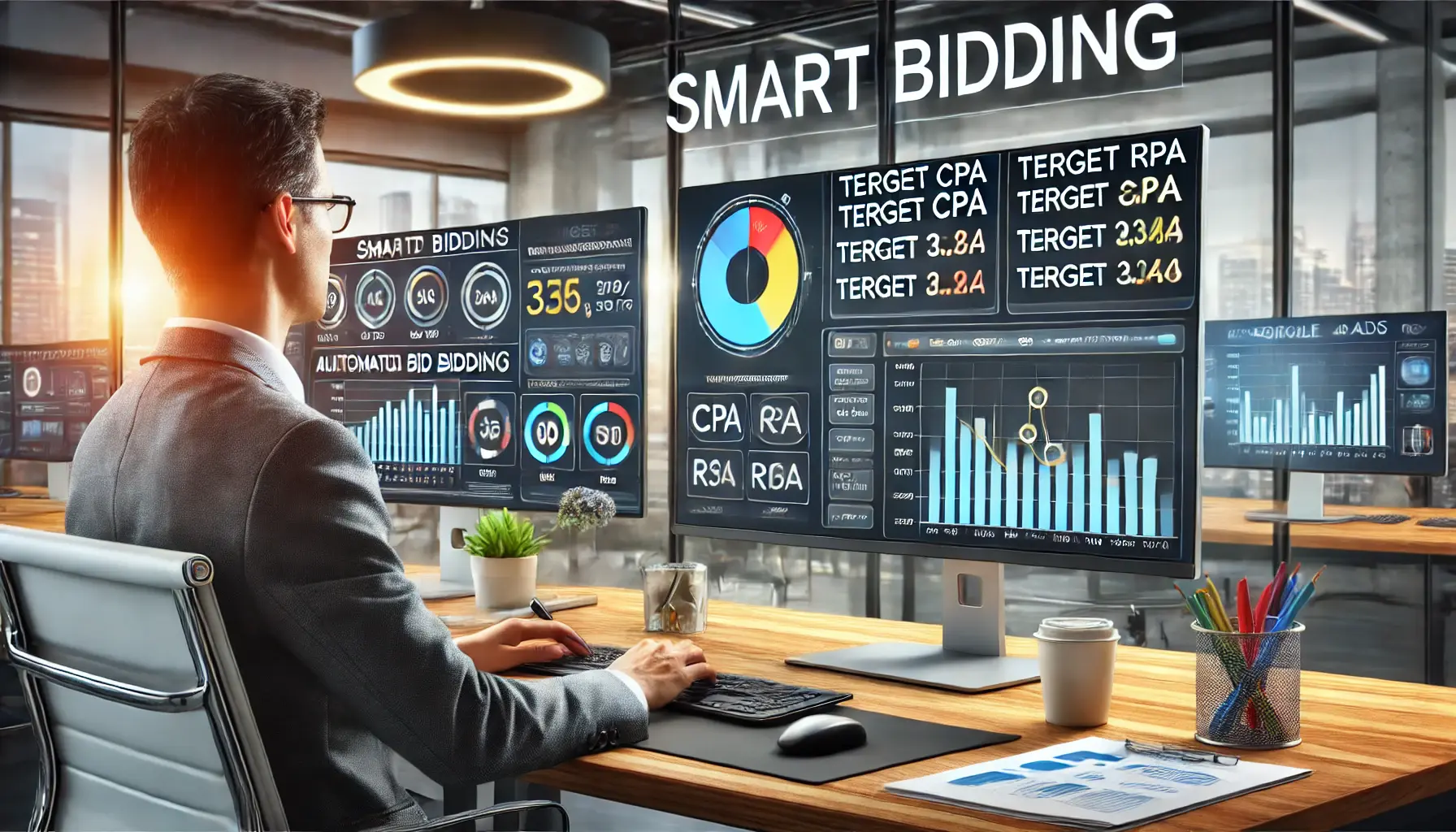 A digital marketing professional implementing Smart Bidding strategies on a computer screen, with automated bid adjustments and Google Ads data visualizations in a modern office setting.