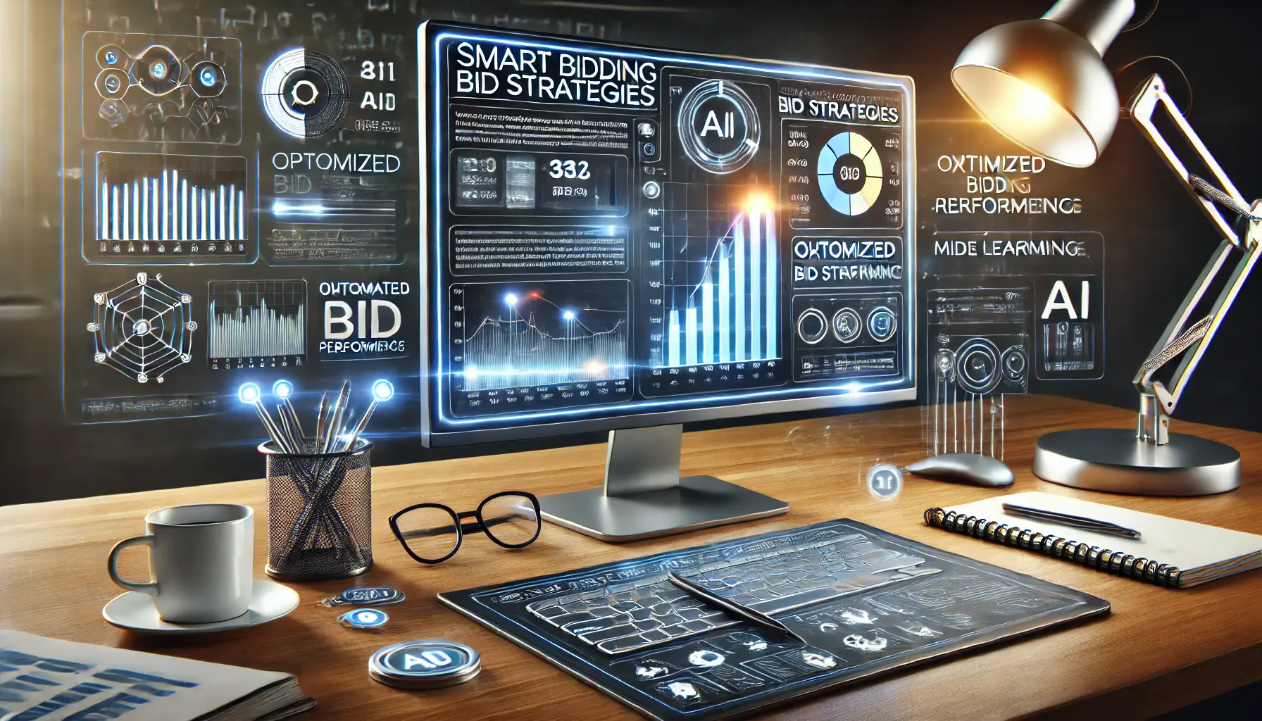 Illustration of a digital workspace showing a computer with bidding strategy tools, graphs, and automated bid adjustments.